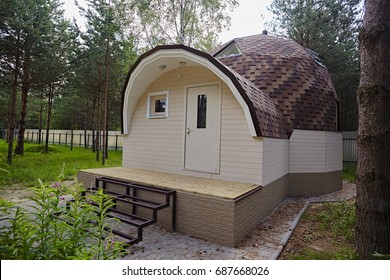 Dome House In Forest Summer. Geodesic Architecture.