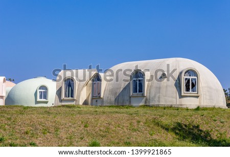 Dome houses, Kaga, Ishikawa Prefecture, Japan. Dome houses are assembled from prefabricated components.