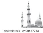 The dome and minaret of the mosque are isolated over a white background