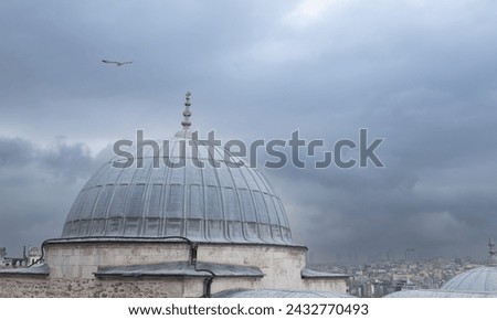 Dome of mosque in Istanbul Turkey. Muslim mosque at cloudy day background. Mosque roof religion. Travel photo, nobody, copy space for text