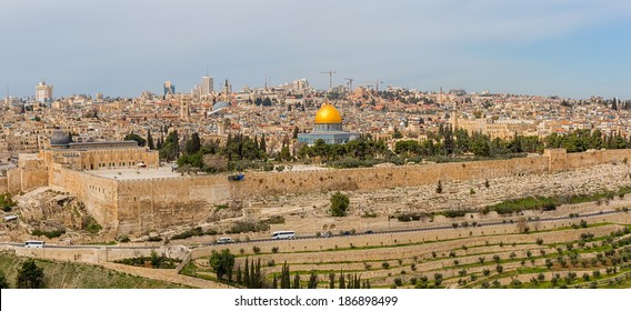 Dome of the Rock in beautiful panorama of Jerusalem from Mount of Olives.