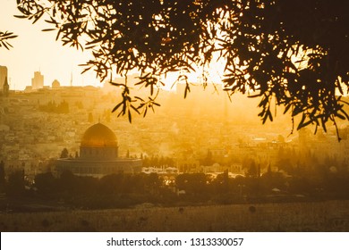 Dome Of The Rock With Olive Trees And The Walls Of Jerusalem, Al Aqsa, Palestine. Landscape View At Sunset