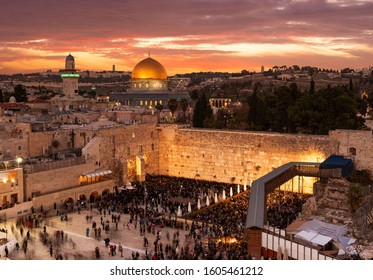 The Dome of the Rock on the temple mount, and the western wall in Jerusalem, Israel