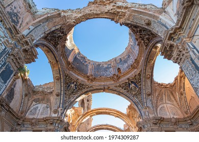 Dome and roof of the Church falling in ruins of the old town of Belchite in the province of Zaragoza, Autonomous Community of Aragon, Spain