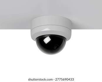 Dome security camera on a white ceiling isolated on a white background. CCTV systems. 3D rendering