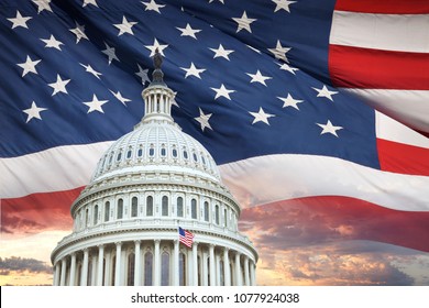 The Dome Of The United States Capitol With An American Flag And Dramatic Clouds Behind