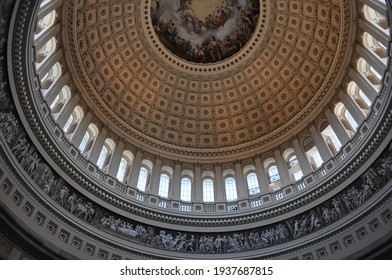 
Dome Of US Capitol Hill Situated Above The Rotunda Of The Building. Apotheosis Of Washington Is A Fresco Constantino Brumidi. Dome Has Beautiful Architecture And Sculptures As Well.