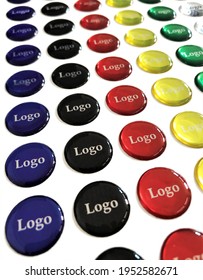 Domed Labels Are Digital Printing, Pressure-sensitive Labels That Have Thick And Polyurethane Coating. Round Shaped And Domes Silver Colored Sticker. 
