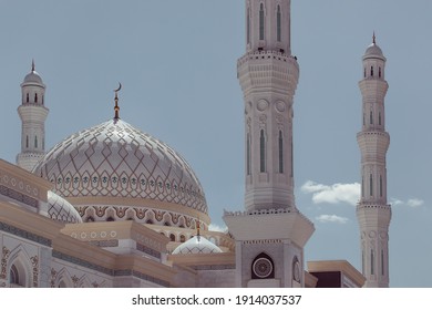 Domes and minarets. Beautiful Landscape mosque. Amazing Islamic architecture and decoration. Islam, religion and architecture. Kazakhstan, Central Asia. 