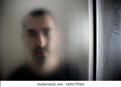  Domestic Abuse, Sexual Assault Violence. Man  Face Shower Cabin Closeup Scary Psycho Bathroom.