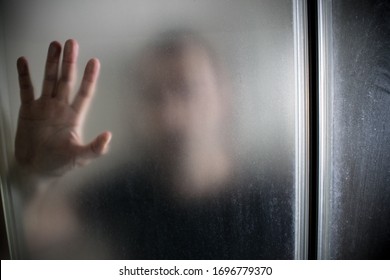  Domestic Abuse, Sexual Assault Violence. Man Hand Face Shower Cabin Closeup Scary Psycho Bathroom.