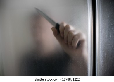  Domestic Abuse, Sexual Assault Violence. Man Hand Knife Face Shower Cabin Closeup Scary Psycho Bathroom.