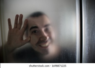  Domestic Abuse, Sexual Assault Violence. Man Hand Face Shower Cabin Closeup Scary Psycho Bathroom.