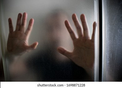  Domestic Abuse, Sexual Assault Violence. Man Hand Face Shower Cabin Closeup Scary Psycho Bathroom.