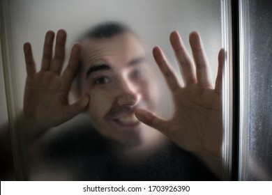  Domestic Abuse, Sexual Assault Violence. Man Hand Face Shower Cabin Closeup Scary Psycho Bathroom.