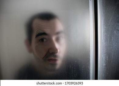  Domestic Abuse, Sexual Assault Violence. Man  Face Shower Cabin Closeup Scary Psycho Bathroom.