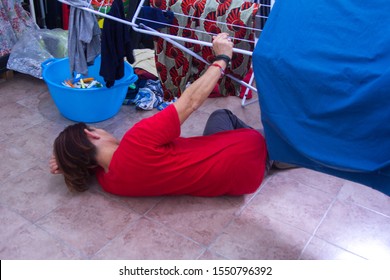 Domestic Accident A Housewife Girl Who Fell Under The Clothesline At Home