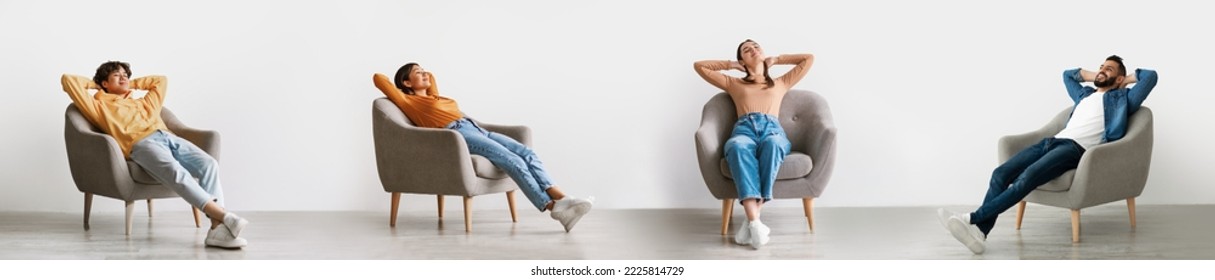 Domestic Comfort. Collage With Calm Happy People Relaxing In Armchair At Home, Diverse Smiling Multicultural Men And Women Leaning Back In Chair With Hands Behind Head, Panorama - Shutterstock ID 2225814729