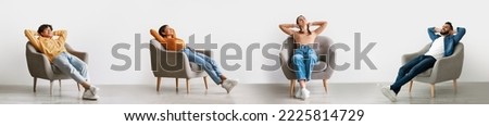 Domestic Comfort. Collage With Calm Happy People Relaxing In Armchair At Home, Diverse Smiling Multicultural Men And Women Leaning Back In Chair With Hands Behind Head, Panorama