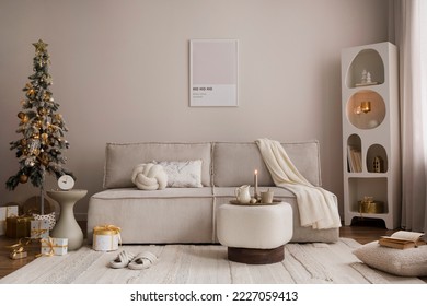 Domestic and cozy christmas living room interior with corduroy sofa, white shelf, mock up poster frame, christmas tree, decoration, wreath, gifts and accessories. Home decor. Family time. Template. - Powered by Shutterstock