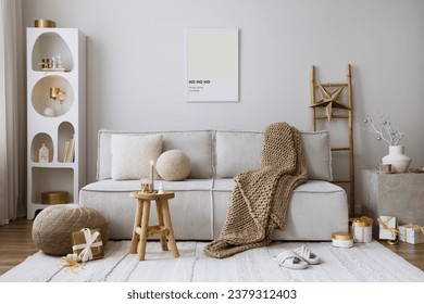 Domestic and cozy christmas living room interior with corduroy sofa, white shelf, mock up poster frame, christmas decoration, wreath, stars, gifts and accessories. Home decor. Family time. Template.