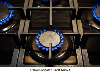 Domestic Gas Oven With Flaming Burners Close Up