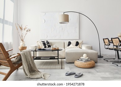 Domestic Interior Of Living Room With Design Modular Sofa, Black Coffee Table, Lamp, Armchair, Decoration, Art Paintings And Elegant Personal Accessories In Modern Home Decor. Template.