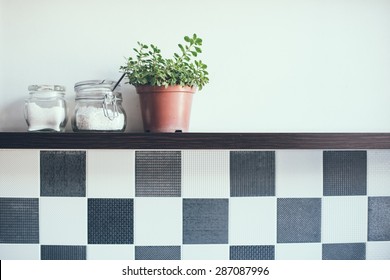Domestic plant in a pot and jars on the kitchen shelf on the wall, close-up