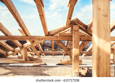 Domestic Roof Construction Details With Truss System And Exterior Beams
