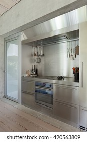 Domestic Stainless Steel Kitchen, Hob With Objects