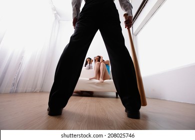 Domestic Violence - Man Holding Baseball Bat Look His Family, Asian