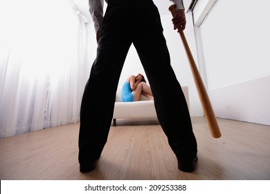 Domestic Violence - Man Holding Baseball Bat Look His Family, Asian