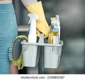 Domestic Worker, Maid Or Cleaner Hands Holding Or Carrying Cleaning Products And Equipment Or Supplies. For Home Hygiene, Contact Us For A Handy Helper Agency Or Professional Household Service.