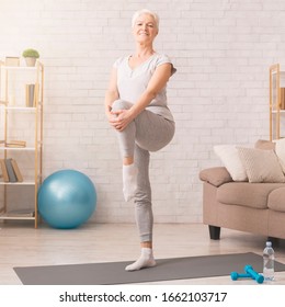 Domestic Workout. Cheerful Senior Woman Exercising At Home, Free Space