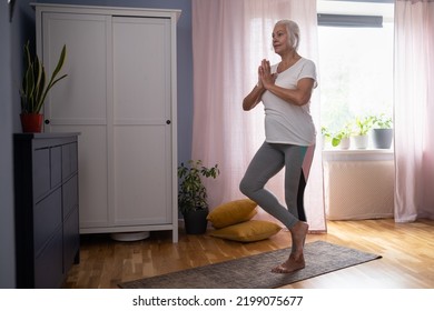 Domestic yoga practice. Positive mature lady standing in tree pose, keeping balanced exercising indoors - Shutterstock ID 2199075677