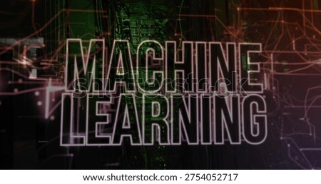 Dominating outlined MACHINE LEARNING title glowing over circuit backdrop with PCB traces and nodes. Typography, neon, neural, dataflow, digital, matrix, schematic