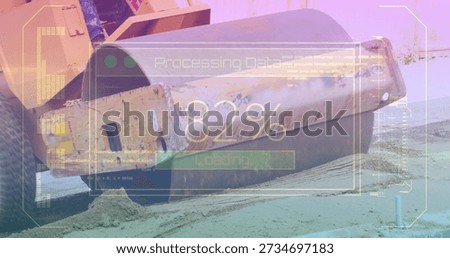 Dominating rusted vibratory roller drum occupying center at construction site, with HUD overlay. Compactor, machinery, industrial, rugged, dusty, outdoor, worksite