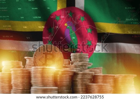 Dominica flag and big amount of golden bitcoin coins and trading platform chart. Crypto currency concept