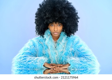 Dominican Female Model With Afro Hairstyle In Fur Blue Coat Looking At Camera At Mirrored Table On Blue Background