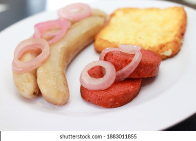 Dominican Food Brealkfast, Guineitos With Fries Cheese, Salami And Onions