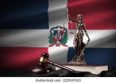 Dominican Republic flag with statue of lady justice, constitution and judge hammer on black drapery. Concept of judgement and punishment - Shutterstock ID 2229197615