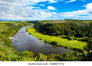 Dominican Republic Landscape. River Valley Of Rainforest Aerial View.