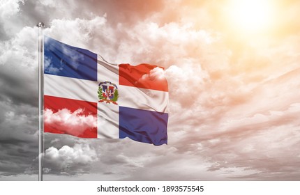 Dominican Republic  national flag cloth fabric on cloud background