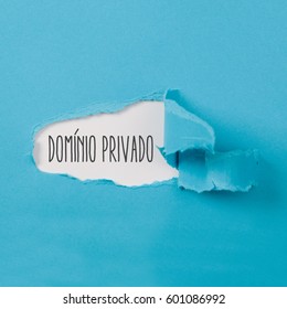 Dominio privado, Portuguese text for Private Sphere, text on paper revealing secret behind torn blue carton ripped open - Shutterstock ID 601086992