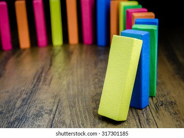 The Domino Effect Of Colorful Wooden Blocks, Selective Focus