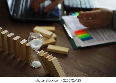 The Domino Effect Stopped By A Unique, One Strong Piece Stop The Falling, Be Stable In Crisis, Business Solution Concept