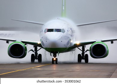 DOMODEDOVO, MOSCOW REGION, RUSSIA - MAY 27 2011: S7 airlines Boeing 737-800 in one world alliance paint scheme of russian air force at Domodedovo international airport.