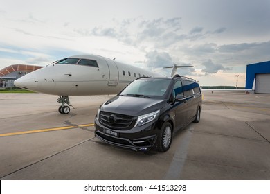DOMODEDOVO, MOSCOW, RUSSIA - JUNE 03, 2016: Private busines Jet airplane with Mercedes Benz V-class luxury car with tuning kit of Larte Design Tuning Company shown together at international airport - Shutterstock ID 441513298