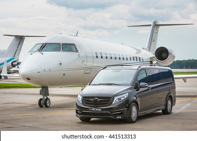 DOMODEDOVO, MOSCOW, RUSSIA - JUNE 03, 2016: Private busines Jet airplane with Mercedes Benz V-class luxury car with tuning kit of Larte Design Tuning Company shown together at international airport - Shutterstock ID 441513313