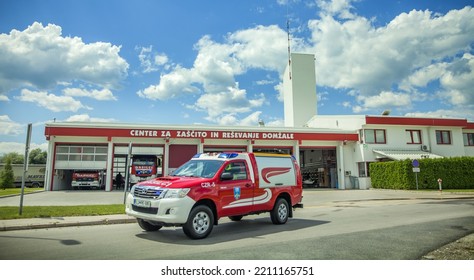 DOMZALE, SLOVENIA - Jul 01, 2019: Firefighters Rush With Rescue Vehicles After Emergency Call